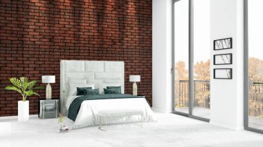 Yepyeni beyaz çatı katı yatak odası en az stil iç tasarım boşaltmak duvar ve görünümü penceresi dışında. 3D render.