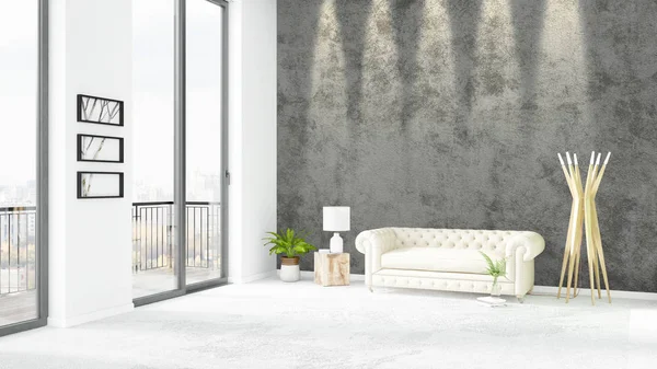 Nuovissimo loft bianco camera da letto stile minimale interior design con parete copyspace e vista dalla finestra. Rendering 3D . — Foto Stock