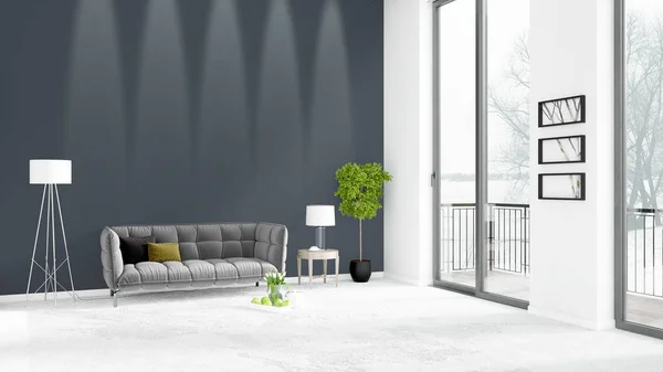 Marque nouvelle chambre grenier blanc design intérieur de style minimal avec mur d'copyspace et vue par la fenêtre. Rendu 3D . — Photo