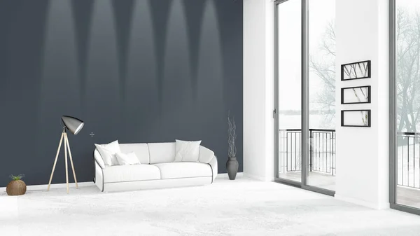 Gloednieuwe witte loft slaapkamer minimalistische stijl interieur met copyspace muur en uitzicht uit raam. 3D-rendering. — Stockfoto