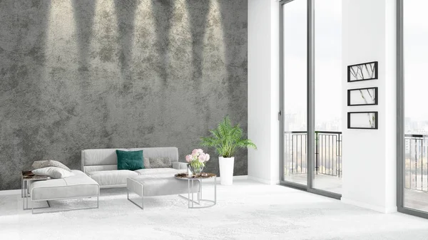 Novo quarto loft branco design de interiores estilo mínimo com parede copyspace e vista para fora da janela. Renderização 3D . — Fotografia de Stock