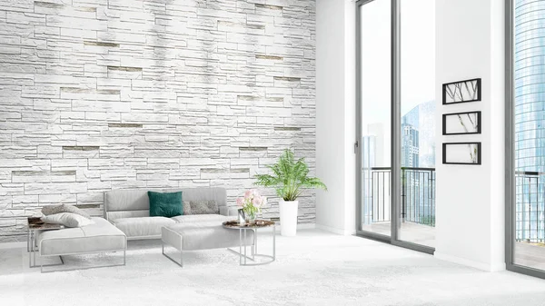 Yepyeni beyaz çatı katı yatak odası en az stil iç tasarım boşaltmak duvar ve görünümü penceresi dışında. 3D render.