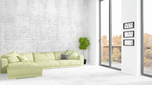 Brandneue weiße Loft Schlafzimmer minimalen Stil Innenarchitektur mit Copyspace Wand und Blick aus dem Fenster. 3D-Darstellung. — Stockfoto