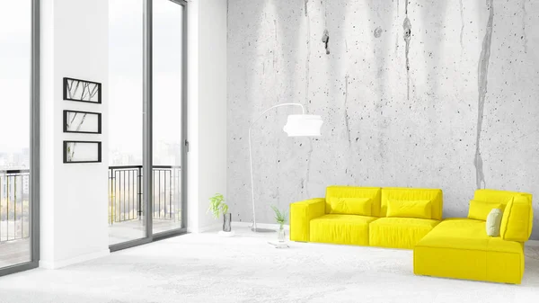 Brandneue weiße Loft Schlafzimmer minimalen Stil Innenarchitektur mit Copyspace Wand und Blick aus dem Fenster. 3D-Darstellung. — Stockfoto