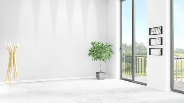 Нова біла спальня в стилі лофт мінімальний дизайн інтер'єру з копіспастичною стіною і видом з вікна. 3D рендерингу . — стокове фото