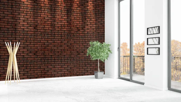 ブランドの新しい白いロフト ベッドルーム ミニマル スタイルのインテリア デザイン copyspace の壁と窓からの視界。3 d レンダリング. — ストック写真