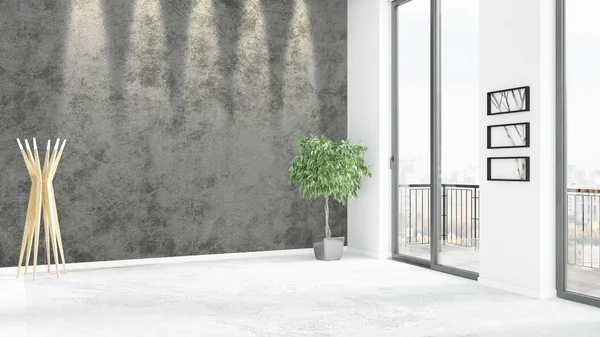 Novo quarto loft branco design de interiores estilo mínimo com parede copyspace e vista para fora da janela. Renderização 3D . — Fotografia de Stock