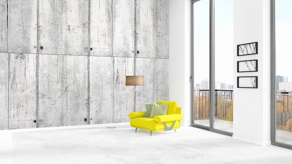 Нова біла спальня в стилі лофт мінімальний дизайн інтер'єру з копіспастичною стіною і видом з вікна. 3D рендерингу . — стокове фото