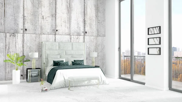 Brand new white loft bedroom minimal style interior design with copyspace wall and view out of window. 3D Rendering.