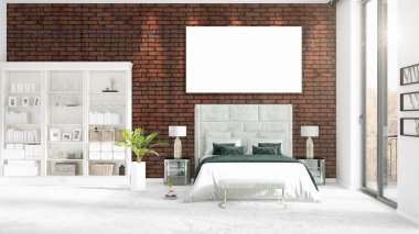 Şık modern loft iç boş çerçeve ve boşaltmak yatay düzenleme ile. 3D render.