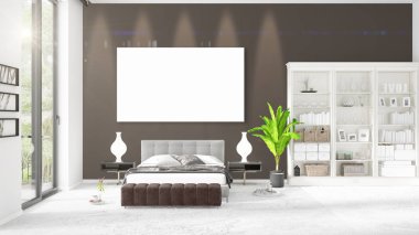 Şık modern loft iç boş çerçeve ve boşaltmak yatay düzenleme ile. 3D render.