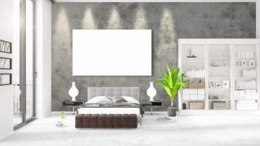 Şık modern loft iç boş çerçeve ve boşaltmak yatay düzenleme ile. 3D render.