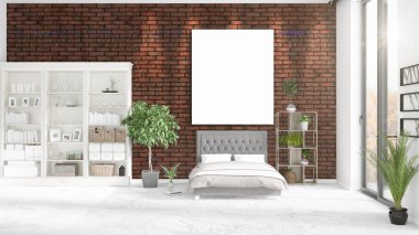 Şık modern loft iç boş çerçeve ve boşaltmak yatay düzenleme ile. 3D render.