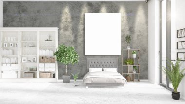 Şık modern loft iç boş çerçeve ve boşaltmak yatay düzenleme ile. 3D render.