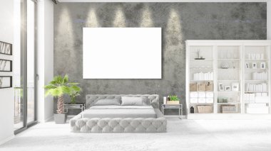 Şık modern loft iç boş çerçeve ve boşaltmak yatay düzenleme ile. 3D render.