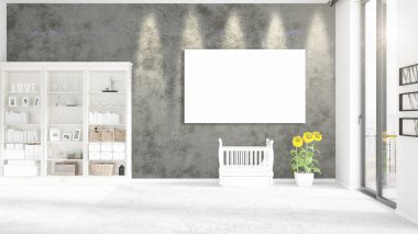 Şık modern loft iç boş çerçeve ve boşaltmak yatay düzenleme ile. 3D render.