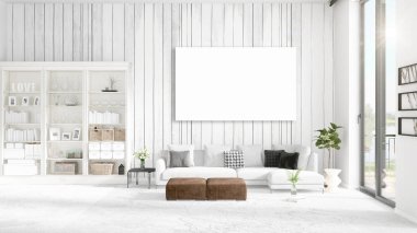 Şık modern loft iç boş çerçeve ve boşaltmak yatay düzenleme ile. 3D render.