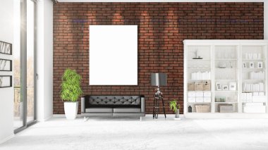 Şık modern loft iç boş çerçeve ve boşaltmak yatay düzenleme ile. 3D render.