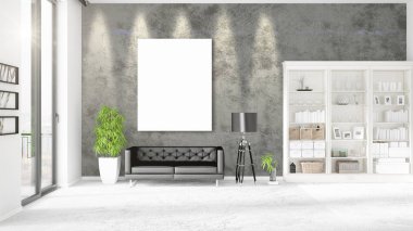 Şık modern loft iç boş çerçeve ve boşaltmak yatay düzenleme ile. 3D render.