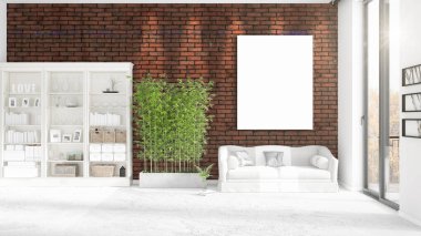 Şık modern loft iç boş çerçeve ve boşaltmak yatay düzenleme ile. 3D render.