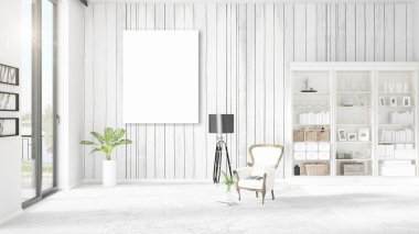 Şık modern loft iç boş çerçeve ve boşaltmak yatay düzenleme ile. 3D render.