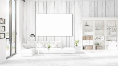 Şık modern loft iç boş çerçeve ve boşaltmak yatay düzenleme ile. 3D render.