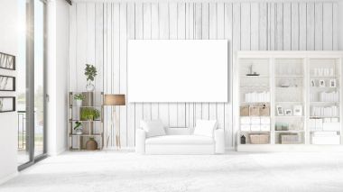 Şık modern loft iç boş çerçeve ve boşaltmak yatay düzenleme ile. 3D render.