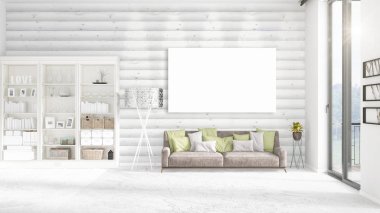 Şık modern loft iç boş çerçeve ve boşaltmak yatay düzenleme ile. 3D render.