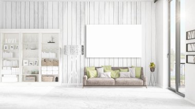 Şık modern loft iç boş çerçeve ve boşaltmak yatay düzenleme ile. 3D render.