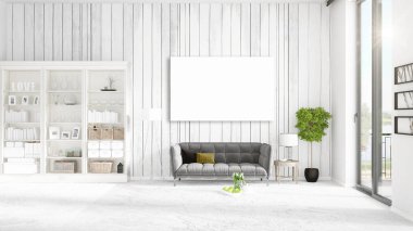 Şık modern loft iç boş çerçeve ve boşaltmak yatay düzenleme ile. 3D render.