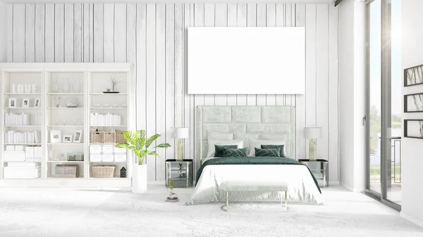 Fashionable modern loft interior with empty frame and copyspace in horizontal arrangement. 3D rendering. — Stock Photo, Image