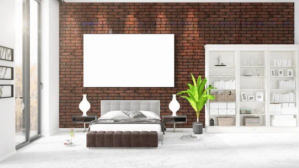 Şık modern loft iç boş çerçeve ve boşaltmak yatay düzenleme ile. 3D render.