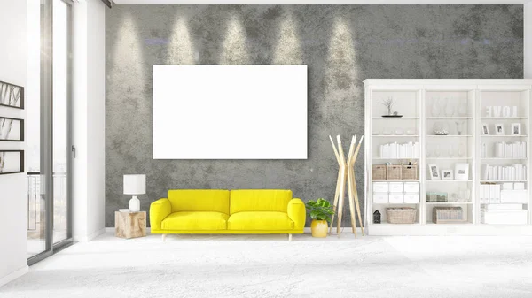 Fashionable modern loft interior with empty frame and copyspace in horizontal arrangement. 3D rendering.