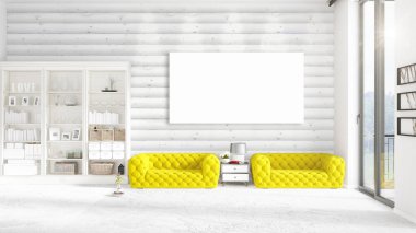 Şık modern loft iç boş çerçeve ve boşaltmak yatay düzenleme ile. 3D render.