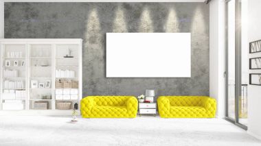 Şık modern loft iç boş çerçeve ve boşaltmak yatay düzenleme ile. 3D render.