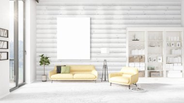 Şık modern loft iç boş çerçeve ve boşaltmak yatay düzenleme ile. 3D render.