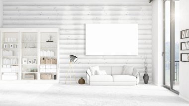 Şık modern loft iç boş çerçeve ve boşaltmak yatay düzenleme ile. 3D render.