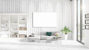 Şık modern loft iç boş çerçeve ve boşaltmak yatay düzenleme ile. 3D render.