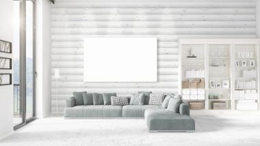 Şık modern loft iç boş çerçeve ve boşaltmak yatay düzenleme ile. 3D render.