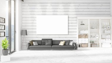 Şık modern loft iç boş çerçeve ve boşaltmak yatay düzenleme ile. 3D render.