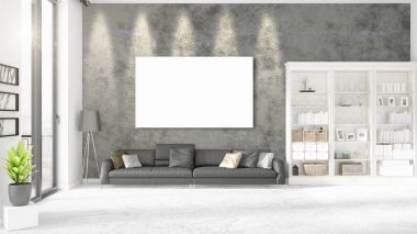 Şık modern loft iç boş çerçeve ve boşaltmak yatay düzenleme ile. 3D render.