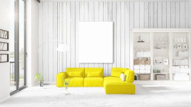 Şık modern loft iç boş çerçeve ve boşaltmak yatay düzenleme ile. 3D render.