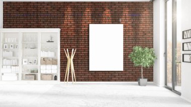 Şık modern loft iç boş çerçeve ve boşaltmak yatay düzenleme ile. 3D render.