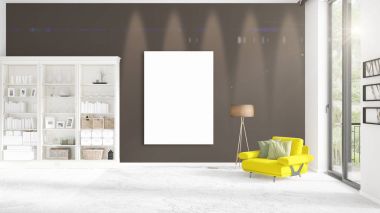 Şık modern loft iç boş çerçeve ve boşaltmak yatay düzenleme ile. 3D render.