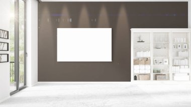 Şık modern loft iç boş çerçeve ve boşaltmak yatay düzenleme ile. 3D render.