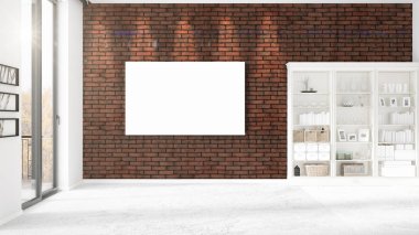 Şık modern loft iç boş çerçeve ve boşaltmak yatay düzenleme ile. 3D render.