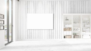 Şık modern loft iç boş çerçeve ve boşaltmak yatay düzenleme ile. 3D render.