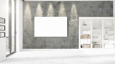 Şık modern loft iç boş çerçeve ve boşaltmak yatay düzenleme ile. 3D render.