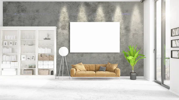 Fashionabla moderna loft interiör med tomma ramen och copyspace i horisontella arrangemang. 3D-rendering. — Stockfoto