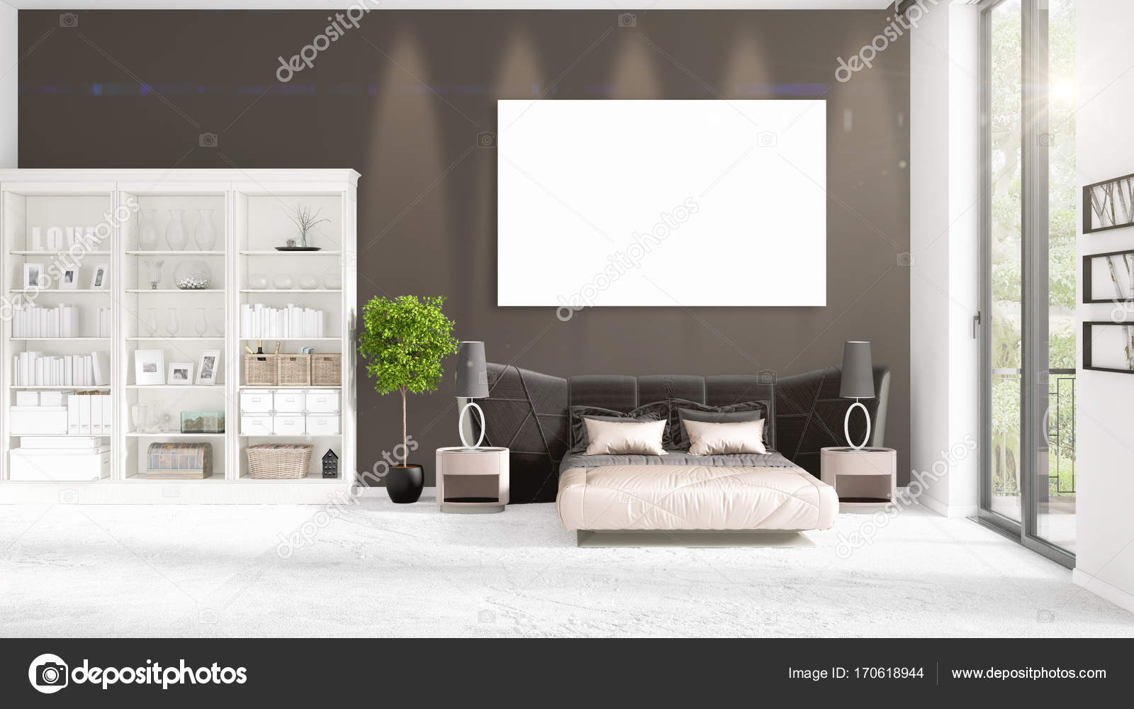 Modische moderne Loft Interieur mit leeren Rahmen und Exemplar in ... Modische moderne Loft Interieur mit leeren Rahmen und Exemplar in ...